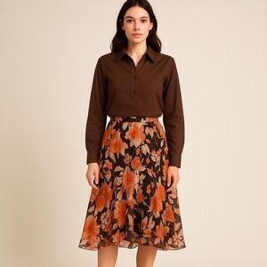 Lauren Ralph Lauren L Floral Midi Skirt Brown Orange Whimsygoth Dark Fairy Mocha